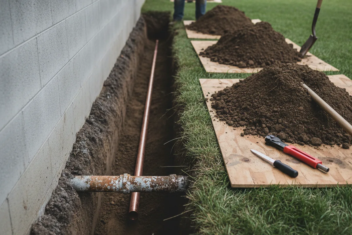 Excavated water line trench during Water Heater Repair in Thaxton